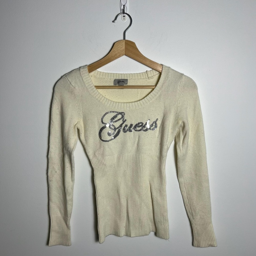 Y2K Guess Sweater Womens Medium White Scoop Neck Sequin Knit Pullover Fitted